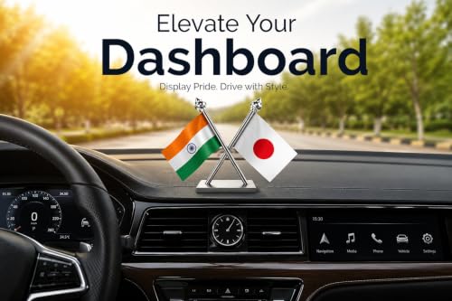 Image of The Flag Company India & Japan Car Dashboard Flag 2x3 Inch Premium Flags with Stainless Steel Pole & Base | Compact Dual Display for Car Interiors & Desks