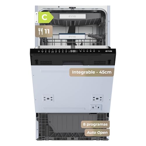 Lavavajillas Integrable 45 cm EVVO Di.4 Slim - Lavavajillas Pequeño, Clase C, 11 Cubiertos, 8 Programas, Apertura Automática de Puerta, Lavavajillas Panelable con Media Carga e Inicio Diferido