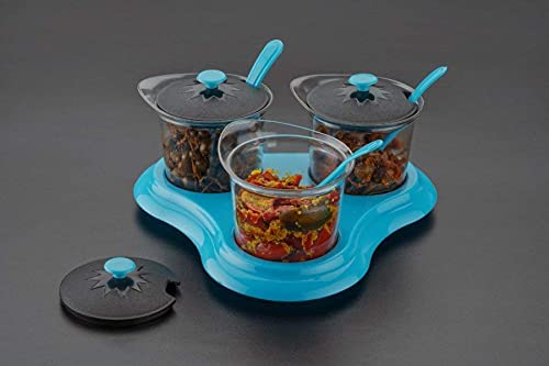 Qureza 3 Pc Dining Spice Rack- 3 in 1 Multipurpose Dining Achaar, Spices Container with Tray Holder and Spoon, Serving Dinner Condiment Set