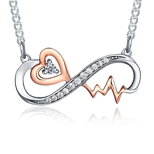 Sterling Silver Infinity Heartbeat Forever Love Heart Romantic Jewelry for Her – Necklace, Earrings, Bracelet & Ring Set – Nurse Appreciation, Medical Graduation Present– Anniversary, Valentine, Mother Day, Christmas Gift for Wife, Girlfriend, Mom