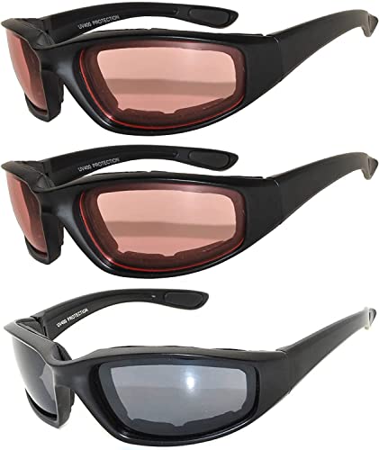 Image of OWL 3 Pack Motorcycle Riding Glasses, Padded Sport Sunglasses, Assorted Colors for Men and Women