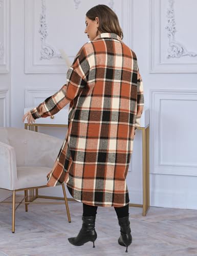 CYCLAMEN 2024 Women's Plus Size 1X-5X Long Flannel Plaid Shacket Jacket Calf-Length Button Down Coat Shirt Pocket Fall Winter2
