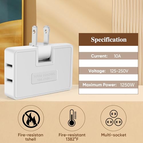 3 Way Flat Wall Outlet Extender Adapter- 4 Pack 180 Degrees Rotatable Flat Plug AC Adapter, 2 Prong Foldable Swivel Outlet Extender, Outlet Splitter for Behind Furniture (White, Type A) by MIKWOAB - Image 5