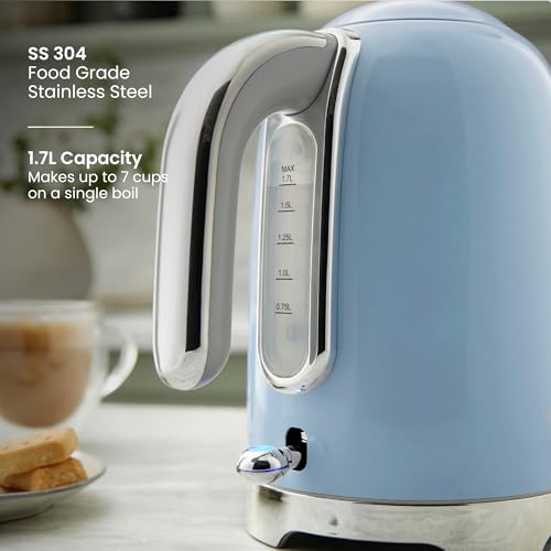 Image of Tower Premium Solace Electric Kettle 1.7L, 1350W | Full Metal Body, Rapid Boil in 45 Seconds, Auto Shut-Off, Boil-Dry Protection, 360 Power Base, Water Level Indicator, 2 Year Warranty (Blue)