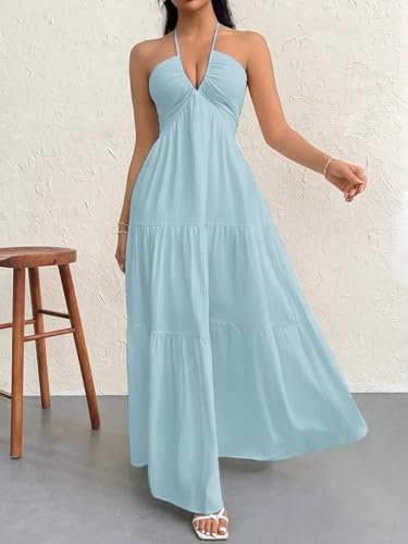Image of Narecte Women's Maxi Summer Dresses Halter V Neck Beach Dresses for Women A-Line Casual Dress for Vacation