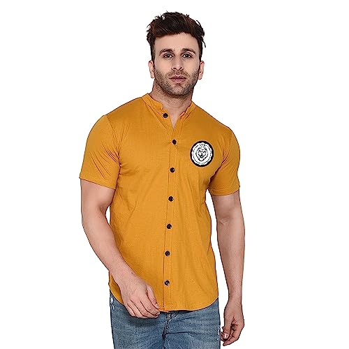 Image of Geum Men's Mandarin Collar Shirt with Graphic Print| Short Sleeve Cotton Blend Slim Fit Casual Shirt for Men