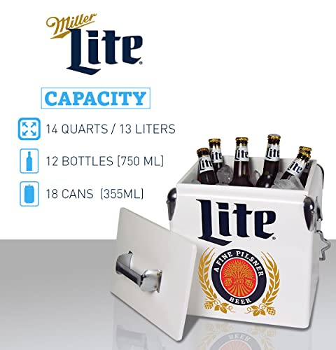Miller Lite Retro Ice Chest Cooler With Bottle Opener 13L (14 Qt), 18 Can Capacity, Blue And Red, Vintage Style Ice Bucket For Camping, Beach, Picnic, Rv, Bbqs, Tailgating, Fishing #TOP6