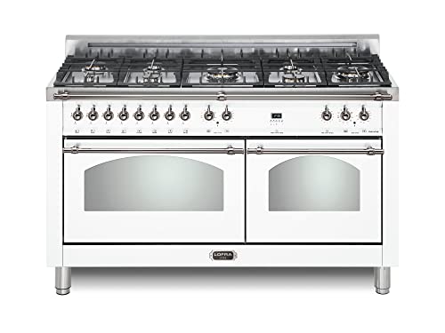 Image of Lofra DolceVita Series 60 Inch Range Freestanding Dual Fuel Double Oven Stove, Cooktop 8 Sealed Brass Burners, Convection, 9 Cooking Modes, Knobs and Handrail In Chrome, in White