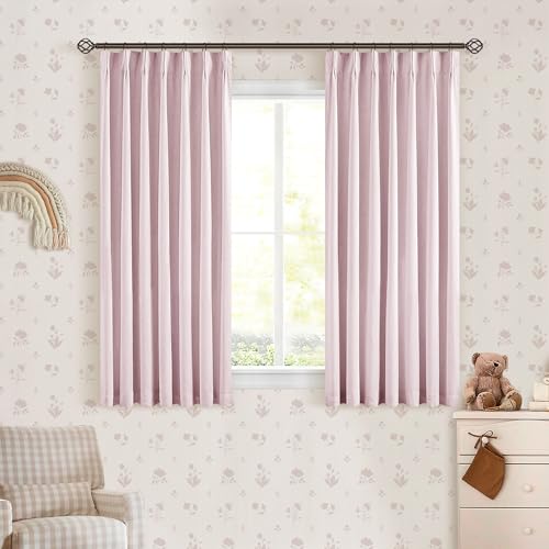 Light Pink Pleated Black Out Linen 45 Inch Curtains with Liner 2 Panels