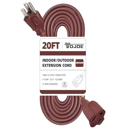 YOJOE Indoor Outdoor Extension Cord 3 Prong 13A Weatherproof Power Cord 16 Gauge Heavy Duty 20 ft Brown Extension Cord for Garage Garden and Home 16/3 SJTW UL Certified
