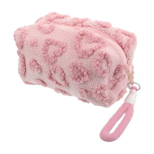 YARNOW Bolsa de Maquillaje de Viaje de Gran Capacidad, Neceser Esponjoso de Peluche Cierre de Cremallera, Organizador Portátil para Cosméticos y Pinceles, Diseño Kawaii de Corazón Rosa