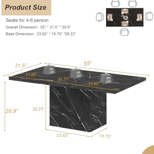 Image of HSH 55 inch Black Faux Marble Dining Table for 4, Rectangle Dining Room Table | Modern Kitchen Table with a Heavy-Duty Pedestal Base; Seats 4, Ideal For Meals, Work and Gatherings, Table Only