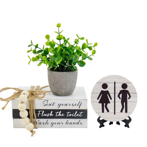 Bathroom Shelf Decor Signs, Book Stack and 3D Round Signs With Fake Plants, Funny Wooden Decor for Restroom Shelf Guest Bathroom (Flush the toilet)