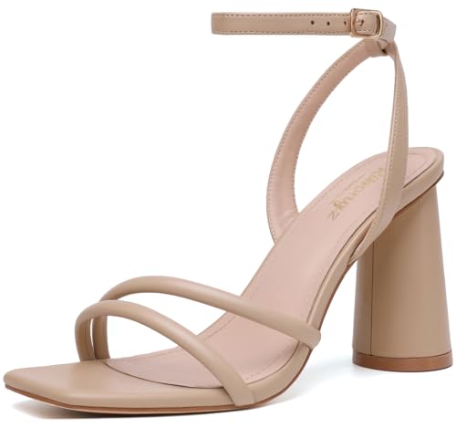 Image of RIBONGZ Block Heels Prom Heeled Sandals for Women Chunky Square Open Toe Strappy High Heels Ankle Strap Wedding Bridal Shoes High Heel Sandals for Party Dress