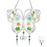 LARAINE Butterfly Suncatcher with Pressed Flower Wings Mom Mother's Day Butterfly Glass Wind Chime Ornament Charm with Metal Heart Gifts for Mom Grandma Aunt Birthday (Aunt, Blue)
