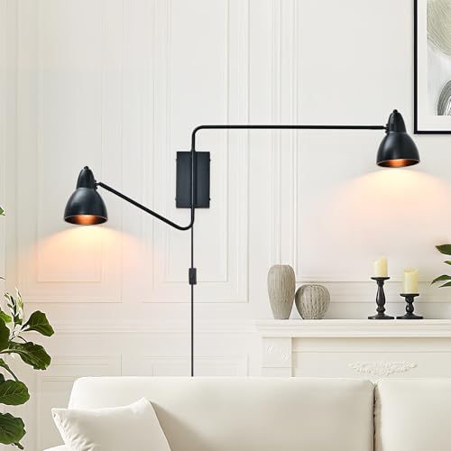 Image of Modern Black 2-Light Plug in Swing Arm Wall Sconce, 1 Pack