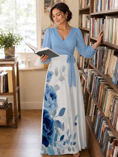 Image of PinkPatty Plus Size Dresses for Curvy Women V Neck Flowy Long Sleeves Wrap Maxi Dress Travel Vacation Outfits