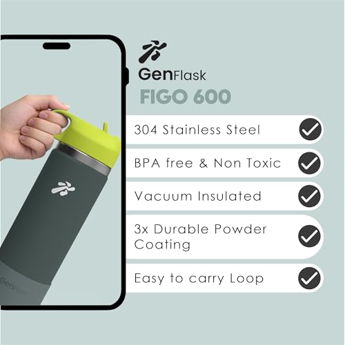 Image of VBOTT GENFLASK-FIGO - 600 ml |Thermosteel Flask with Straw Sipper with Finger Loop| SS 304 Water Bottle|Hot /Cold-18 /24 hrs|Insulated Bottles| Military Green /Bright Green Colour| Multipurpose