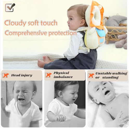 Image of Baby Head Protector Backpack, Toddler Baby Head Protection Backpack with Baby Knee Pads Alarm Function for Walking & Crawling, Soft, Breathable and Wearing Safety Baby Head Protector - White Lion