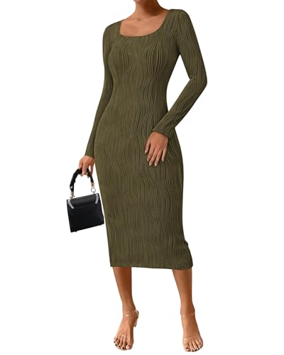 PRETTYGARDEN Womens Fall Dresses 2025 Long Sleeve Square Neck Knit Midi Beach Vacation Clothes Slit Bodycon Long Dress(Army Green,Small)