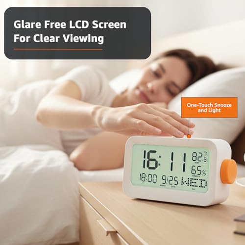 Image of Amazon Basics LCD Digital Table Clock with 3 Alarms, Snooze, Manual Brightness, ABS, White Color, Battery Operated, Compact Design for Desk, Bedside, Study Table (Size: 14 x 6.3 x 7.6 cm)
