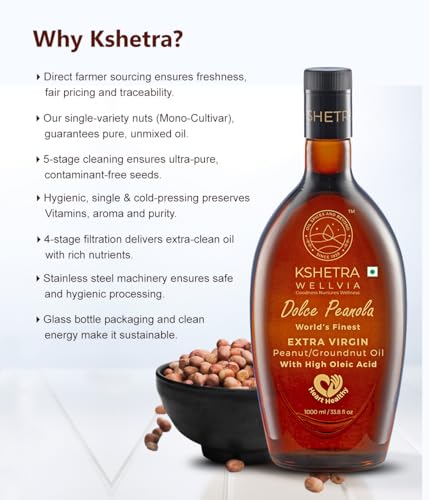 Image of Kshetra Wellvia Extra Virgin Groundnut /Peanut Oil 1L Bottle | Dolce Peanola| High Oleic Cold-Pressed Oil for Heart Health | Rich in MUFA & Vitamin E