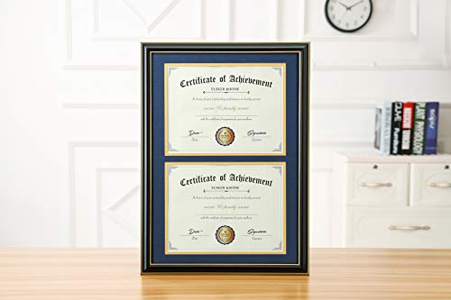 Image of ELSKER&HOME Double Diploma Frame for Two 8.5x11 with Navy Mat,Wood Black | Double Mat, Navy Mat with Golden Rim for Two 8.5x11 Inch with Mat and 13.5x20 Inch Without Mat for Documents Certificates