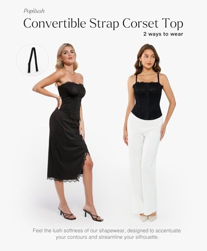 Image of Popilush Corset Tops for Women - Shapewear Lace Top Detachable Strap Bustier with Buckle Summer