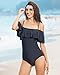Funnygirl Womens Solid Color Swimsuit Flounce Off Shoulder with Removable Strap one Piece Ruffles Beach Swimwear Bathing Suit Black X-Large