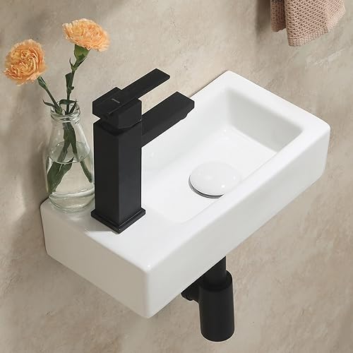 HOROW Small Bathroom Sink | 37x18cm Cloakroom Sink, Rectangular Wall Hung or Countertop Mini Ceramic Basin with One Left Tap Hole