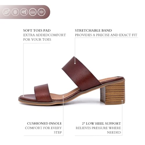 Sugar Women's Heeled Two Band Slide Sandal: Square Open Toe, Low Block Chunky Heels, Slip-On Comfort - Halo2