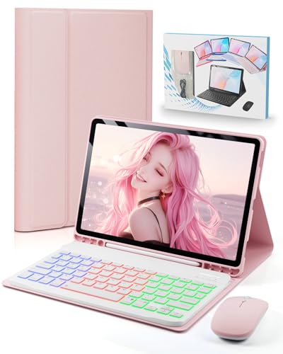 Image of Case with Keyboard for Samsung Galaxy Tab A11+ (Plus) 2025 | 7 Color Rainbow Backlight Detachable Keyboard with Mouse for Tablet A11+ SM-X230 SM-X235 SM-X236B, Pink