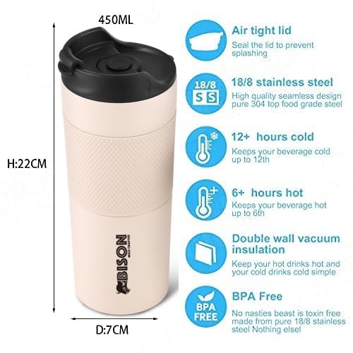 Image of Travel French Press Coffee Maker Cum Travel Coffee Mug With Sipper Lid, Vacuum Insulated coffee mug Stainless Steel, 450 Ml, Beige