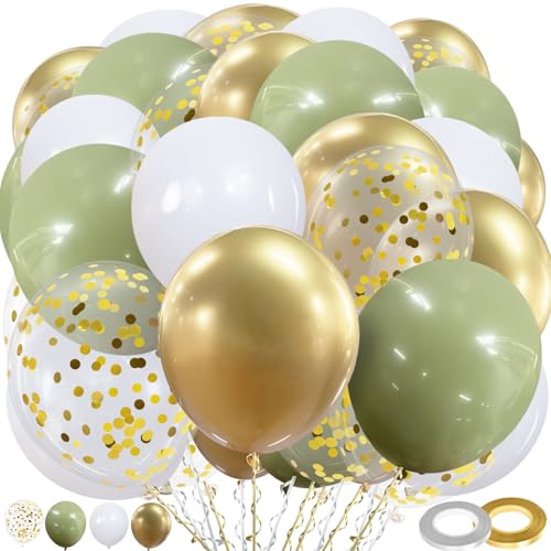 Luftballons Grün Gold, 60 Stück Grün Gold Ballons, 12 Zoll Salbei Grün Metallic Gold Konfetti Ballons und Weiße Latex Luftballons mit Band für Geburtstag Hochzeit Kinder Baby Shower Party Dekoratione