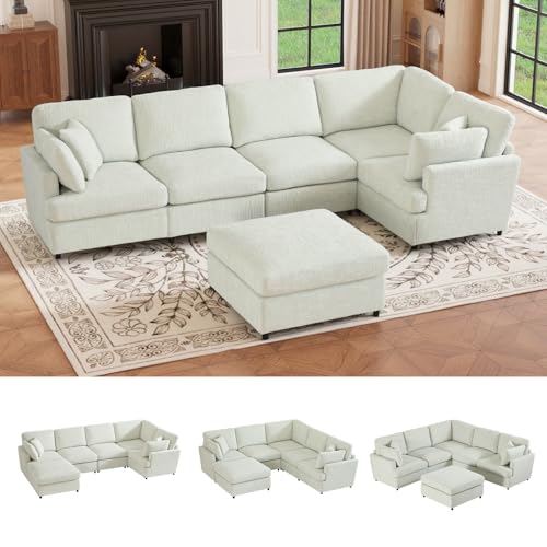 Image of 122.6 inch Chenille Modular Sectional 6 Seater Sofa, Deep Seat Couch with Ottoman & Removable Covers, Free Combination Modern Couch, L /U Shaped Modular Sectional Sofa, for Living Room, Apartment, Beige