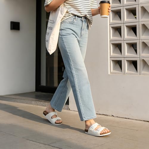 Image of WTW Cork Footbed Womens Sandals Genuine Leather Insole Slides Sandals for Women Adjustable Buckle Summer Sandals Outdoor Walking