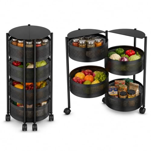 Image of JD FRESH 4 Tier Metal Rotating Kitchen Trolley /360-Degree Rotating Wheels with Expandable Side Opening Design /Movable Butterfly Trolley and Storage Shelf for Kitchen, Livingroom or Bathroom (Black)