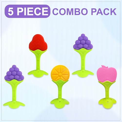 Image of GLUN Super Soft Silicone Baby Fruit Teething Toy for 0-12 Months, Pack of 5, BPA Free Silicone Soothing Teether Soft & Safe Gum Relief Toy