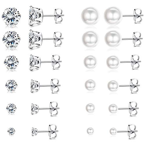 Hanpabum 12 Pairs Stainless Steel CZ Faux Pearl Round Ball Stud Earrings Set for Women Girls Assorted Sizes (3-8mm)