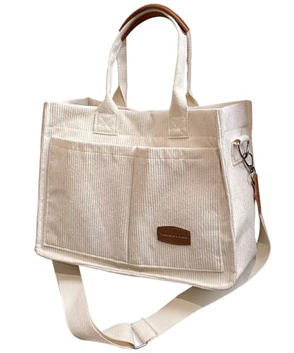 HAN-LBG Sac Fourre-Tout en Velours Côtelé pour Femme avec Plusieurs Poches, Sac à Main de Loisirs, Bandoulière Double pour le Shopping, le Travail, les...