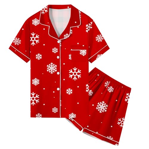 Umeyda Girls Satin Pajamas Set, Silk PJS Short Sleeve Button-Down Sleepwear 2 Pieces Christmas Pajamas Set for Girls, Red Snowflake, 11-12 Years = Tag 160