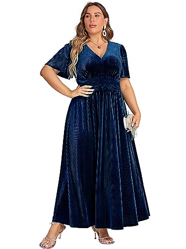 Image of Simplee Women's V Neck Velvet Maxi Dress Short Sleeve Empire Waist Long Formal Dress for Wedding Guest