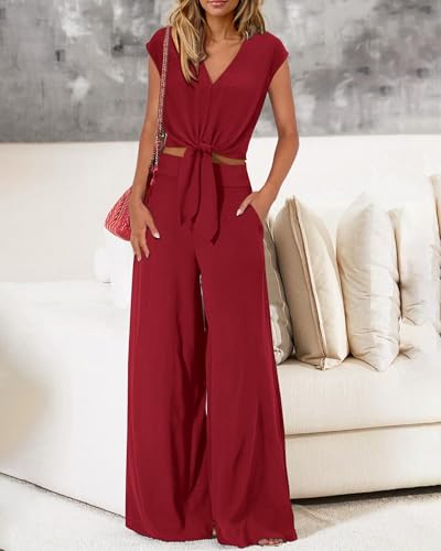 Image of PRETTYGARDEN Women's Summer 2 Piece Outfits 2026 Cap Sleeve V Neck Belted Crop Tops Wide Leg Pant Sets Casual Tracksuit
