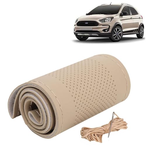 Image of KINGSWAY PU Leatherite Car Steering Cover Sewable Compatible with Ford Freestyle (Year 2018-2021), Beige Color with Beige Thread, Pack of 1 with Sewing Needle and Thread