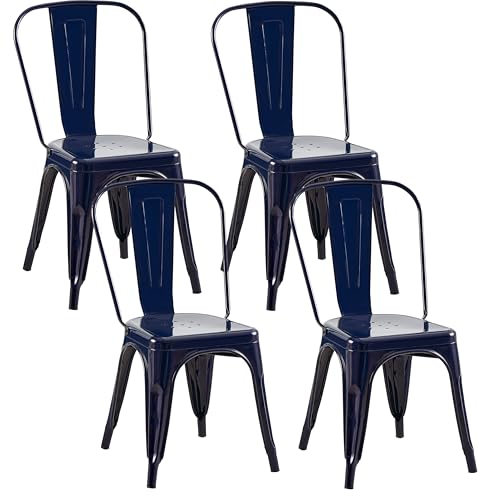 Image of Metal Dining Chairs with Backrest, Stackable, Dark Blue, 4 Pack | Easy Assembly, Non-Slip Feet, 330 lb Capacity, Kitchen, Restaurant, Cafe, Pub, Covered Patio