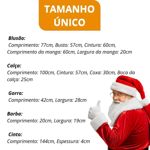 Fantasia Roupa Papai Noel Luxo Veludo Traje Adulto Completo Blusao Calça com Cordão Gorro e Barba Ta
