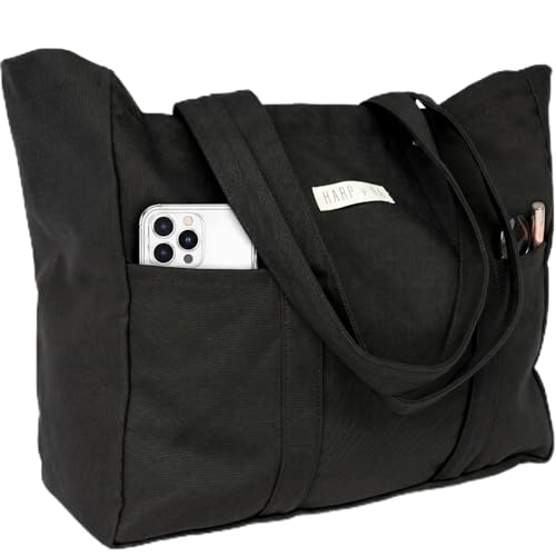 Harp + Ra Extra Large Unscructured Canvas Tote Bag for Women - Open Top, Everyday Carry, Pockets - no zipper - Gift for Women (Raven Black)