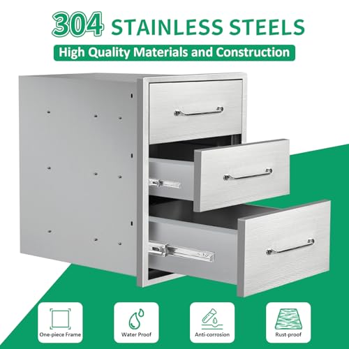 Image of Outdoor Kitchen Drawers 16 inch W x 21 inch H x 23 inch D Stainless Steel Triple Drawers with Ergonomic Handle for BBQ Island, Patio Grill Station & Outdoor Kitchen Cabinets