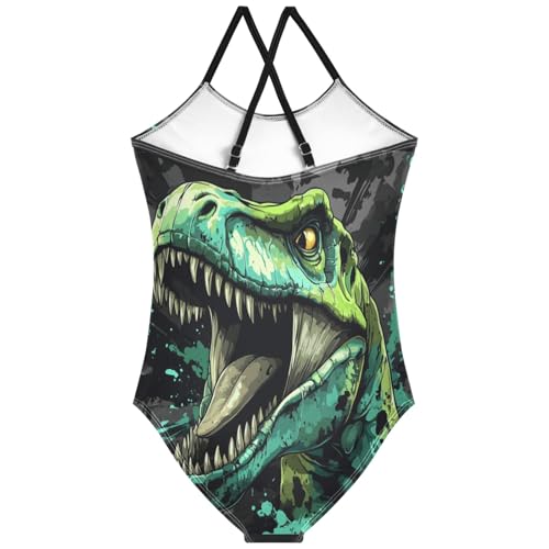 Pigsaly Girls One Piece Swimsuits Animal Jurassic Green Dinosaurs Kids Cross Back Swimwear Beach Sport Bathing Suit 3T2