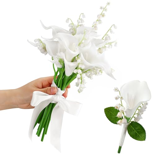 XunYee 16 Pcs Bride Bouquet Set Include 10 White Calla Lily Artificial Flowers 5 Faux Lily of The Valley 1 Groom Boutonniere Pin Bridesmaid Floral Bouquet for Wedding Party Ceremony Anniversary Decor